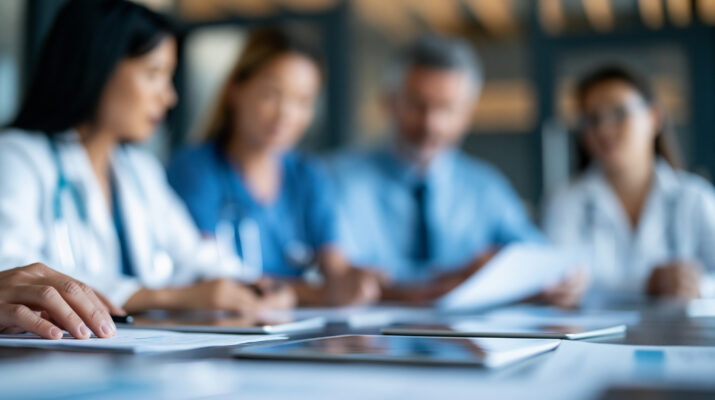 Blurred image of a group of professionals in a meeting around a conference table, papers and devices visible in the foreground.